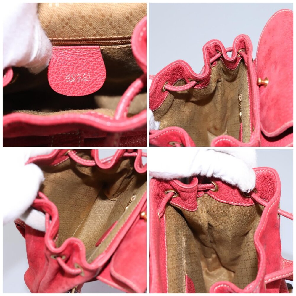 GUCCI Bamboo Backpack Suede Leather Red Gold - Picture 15 of 16